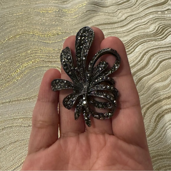 Art Nouveau Black Rhinestone Brooch Silver Tone Abstract Art Deco - Picture 5 of 17